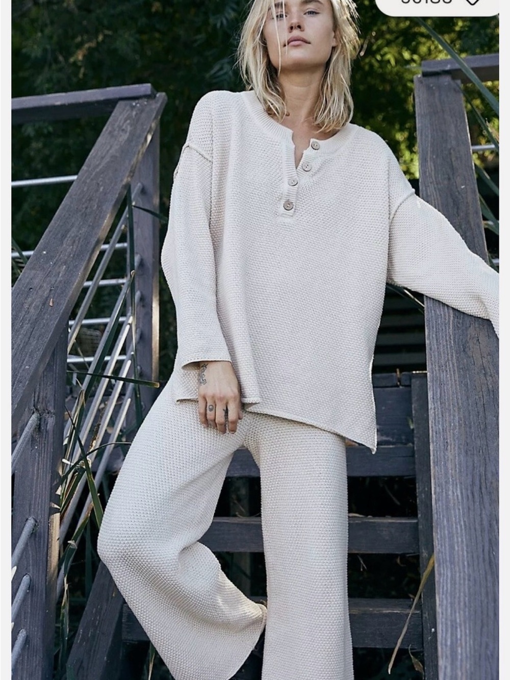 Free People Cream Waffle-Knit Henley Lounge Set